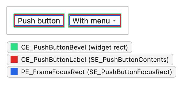 Two push buttons with the bevel, label, and focus rectangle outlined
