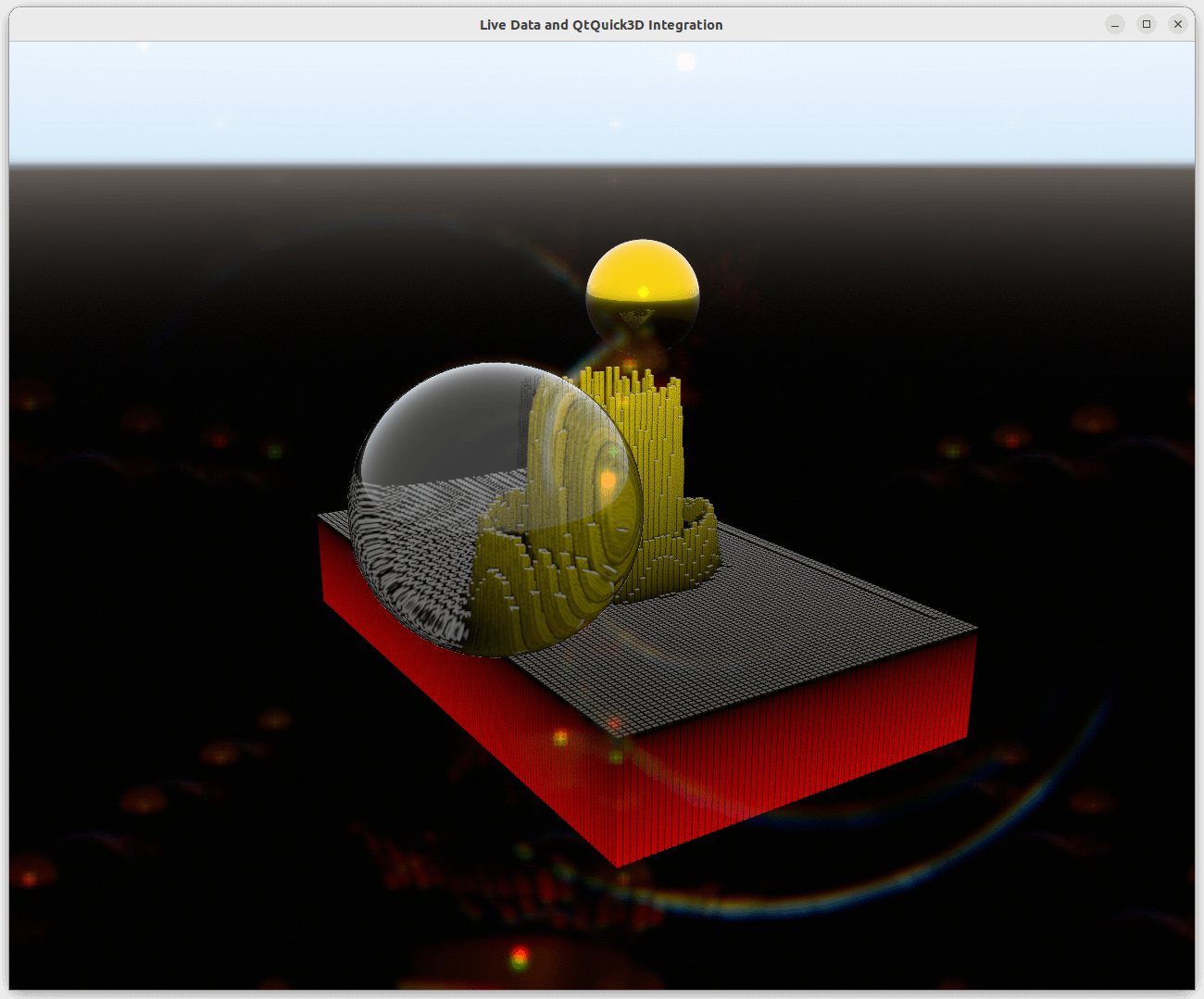 3D bar graph with reflective spheres on red platform