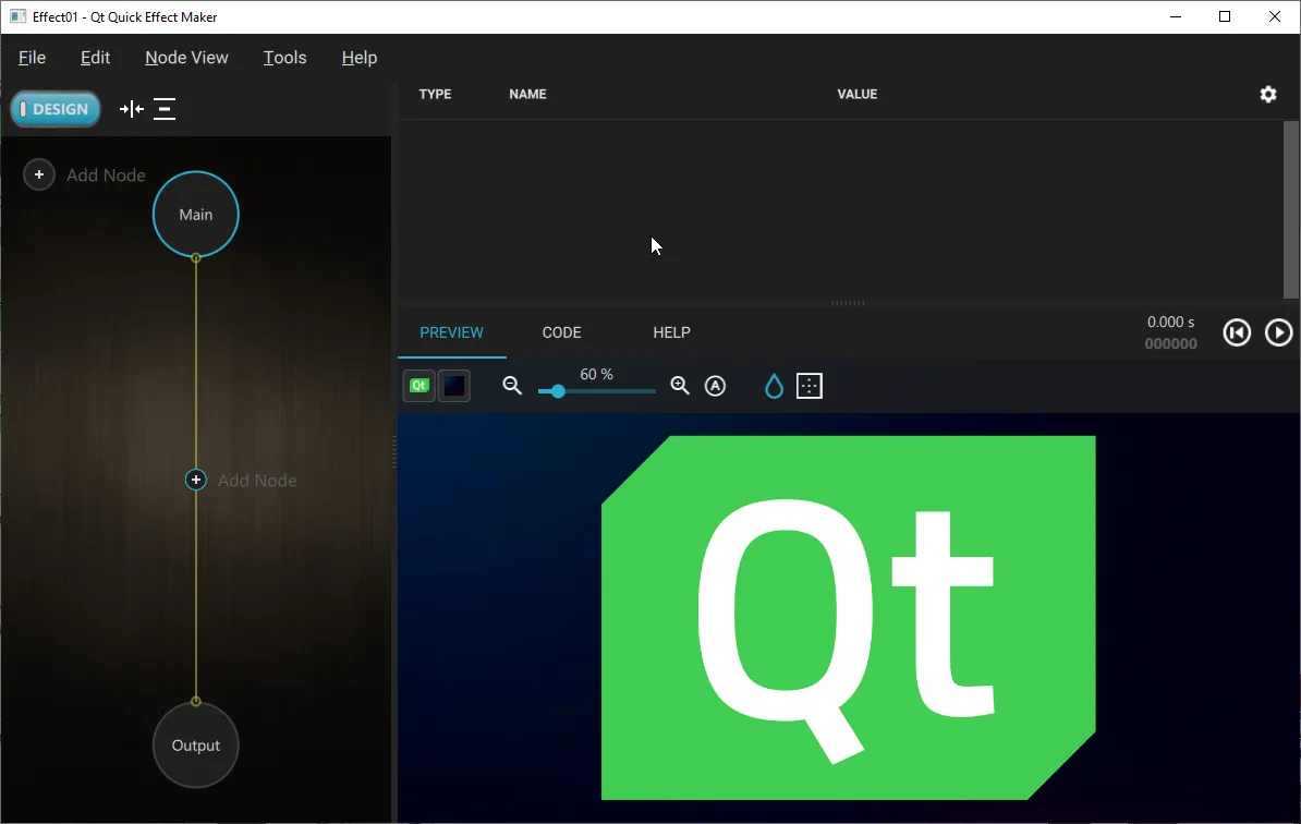 Qt Quick Effect Maker with node editor on left and preview pane on right