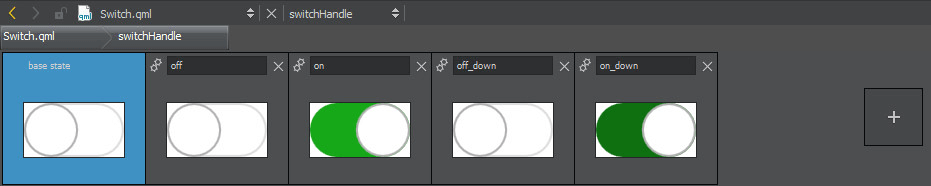 Qt Quick Designer showing switch handle states and properties