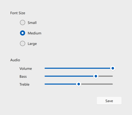 Gallery of controls in FluentWinUI3 style light theme