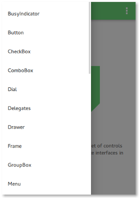 Side drawer menu displaying list of Qt Quick Controls
