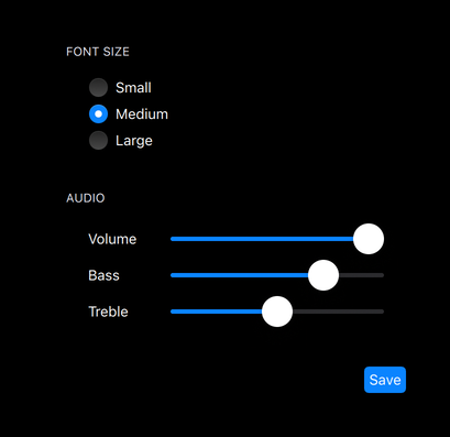 Gallery of controls in iOS style dark theme