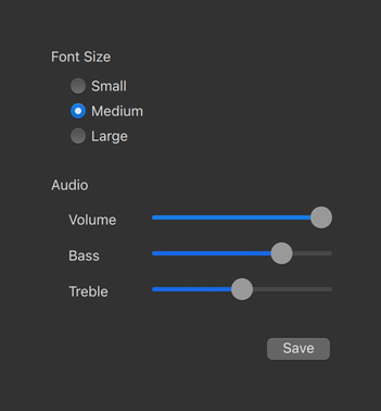 Gallery of controls in macOS style dark theme