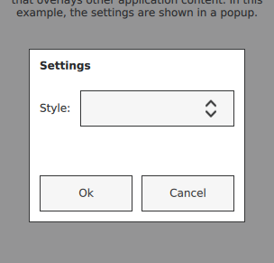 Popup displaying settings with controls