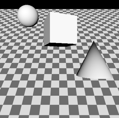 Reference scene with sphere, cone, and cube