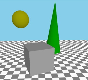 Scene with sphere, cone, and cube without post-processing effect