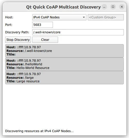 Multicast discovery window showing discovered CoAP resources