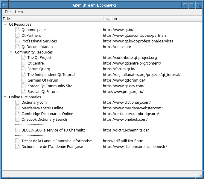 Bookmark tree with Title and Location columns
