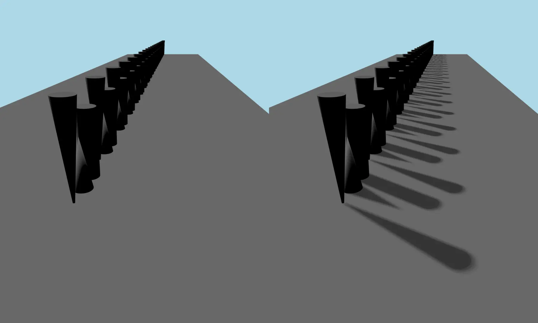 Comparison of scene without shadows and with shadows enabled