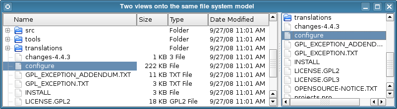 Tree view and list view to display the same file system model