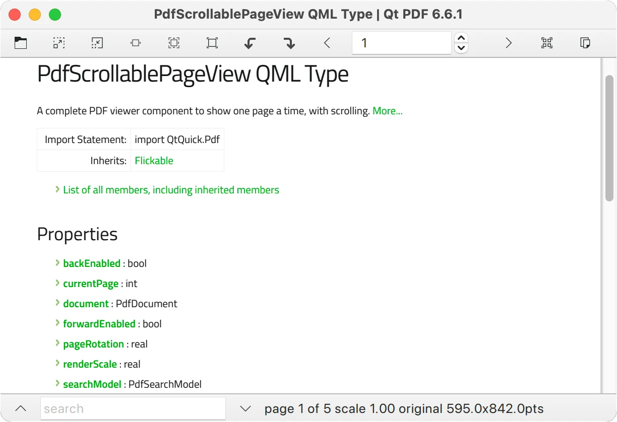 PDF viewer displaying PdfScrollablePageView QML Type documentation