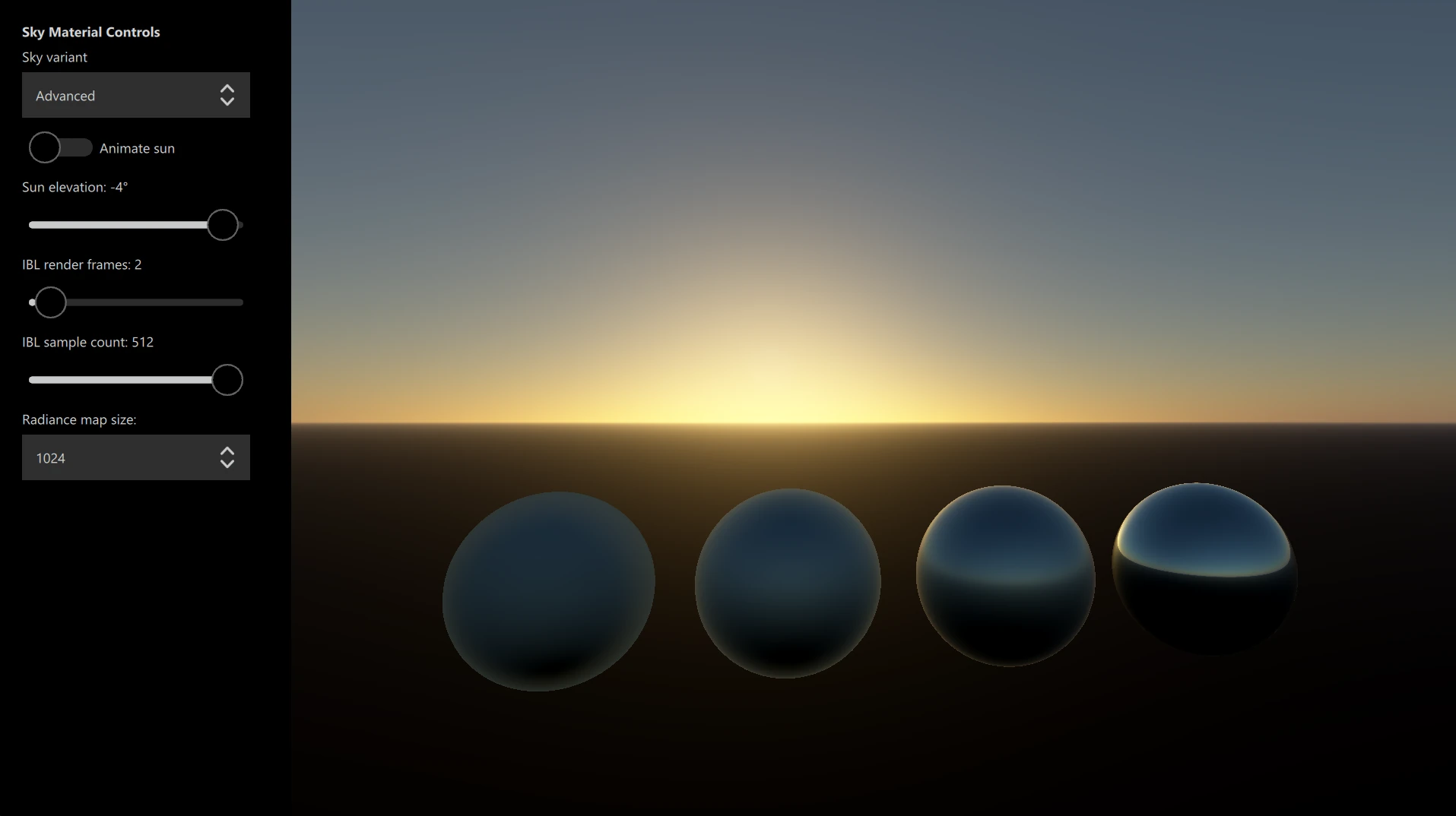 Procedural atmospheric sky with PBR spheres reflecting the environment