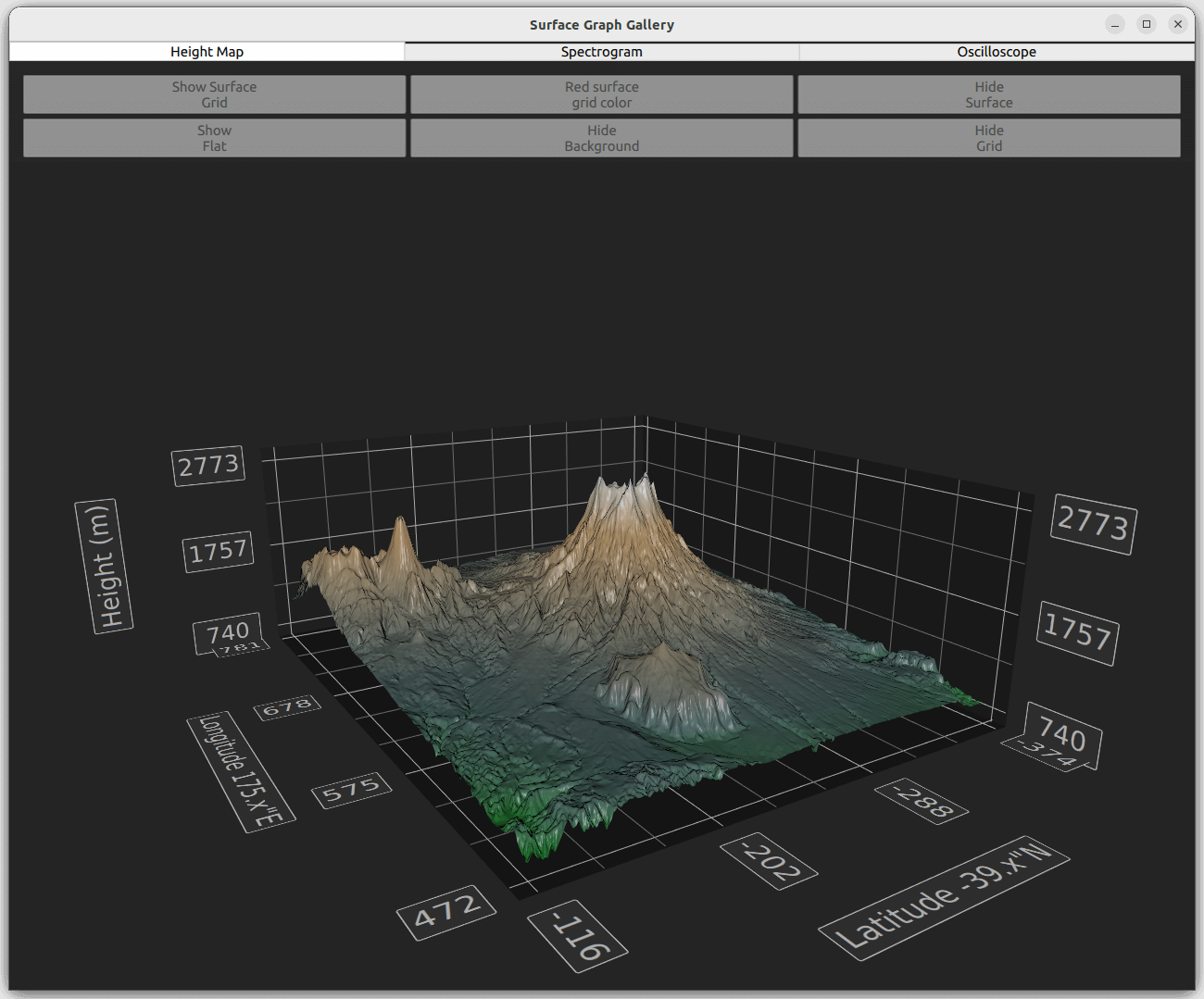 3D height map surface with terrain and grid controls