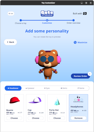 3D view of a customizable toy bear with accessories in the toy customizing step