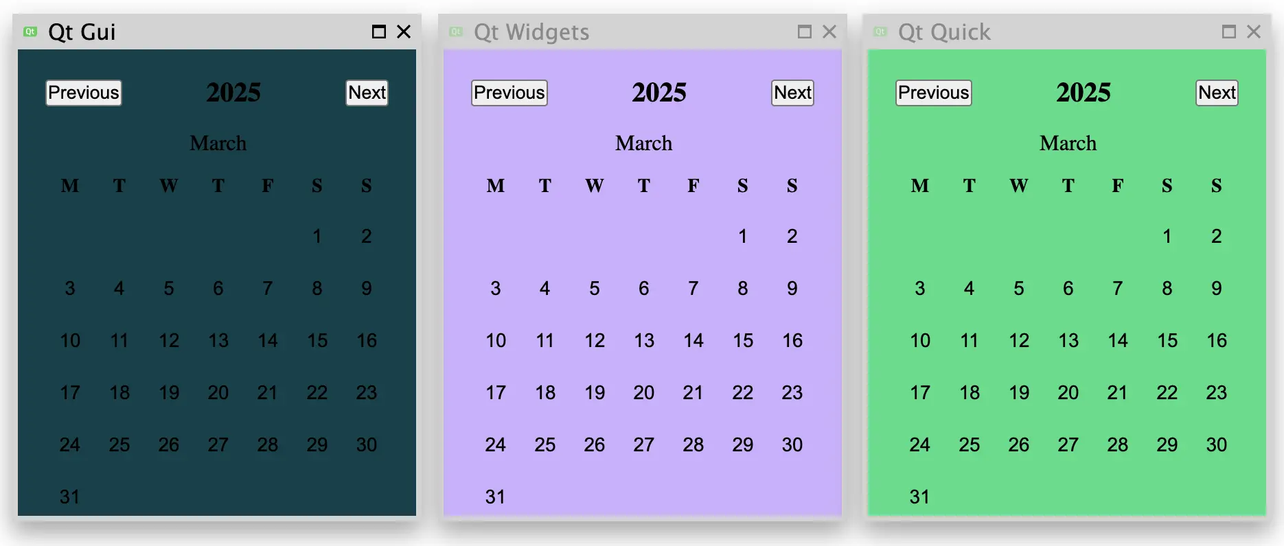 Qt GUI, Qt Widgets, and Qt Quick windows hosting a calendar on a WebAssembly calendar