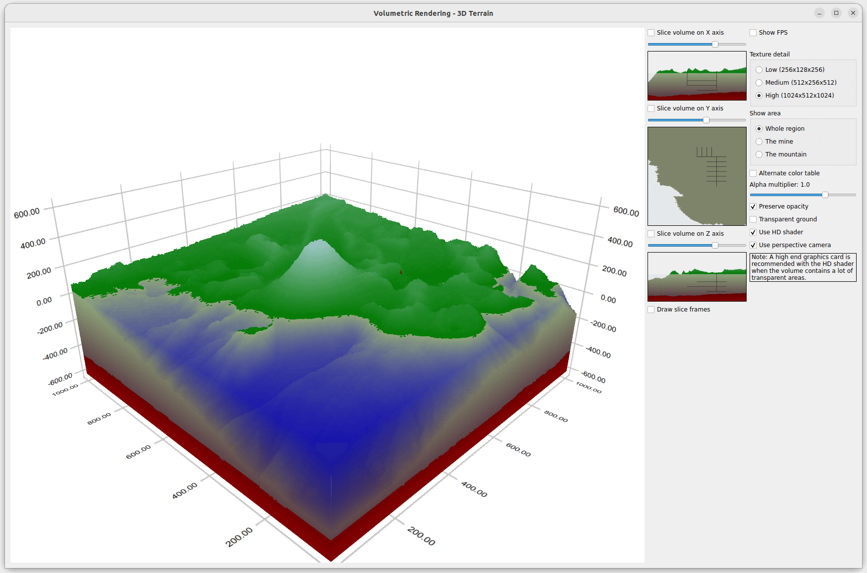 3D volumetric terrain with colored elevation layers and slice controls