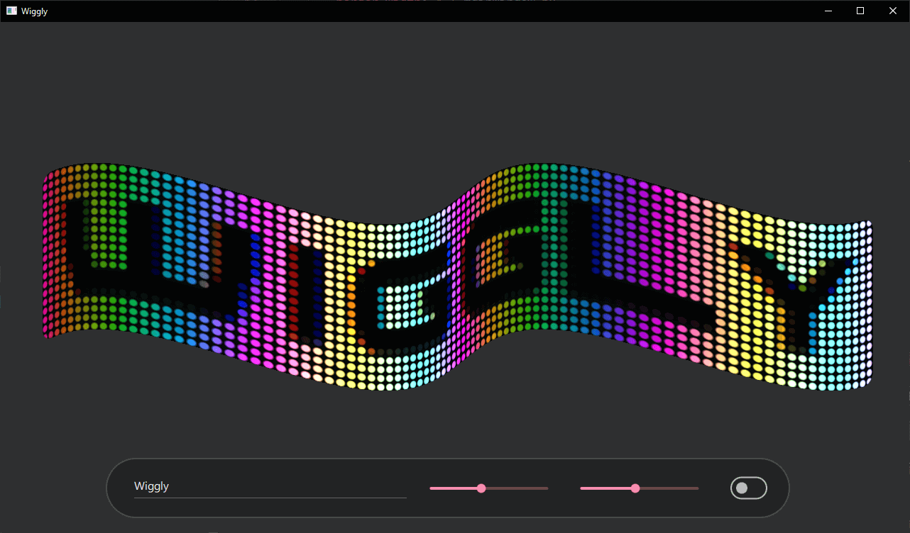 Wiggly text with LED screen effect showing colorful dot pattern