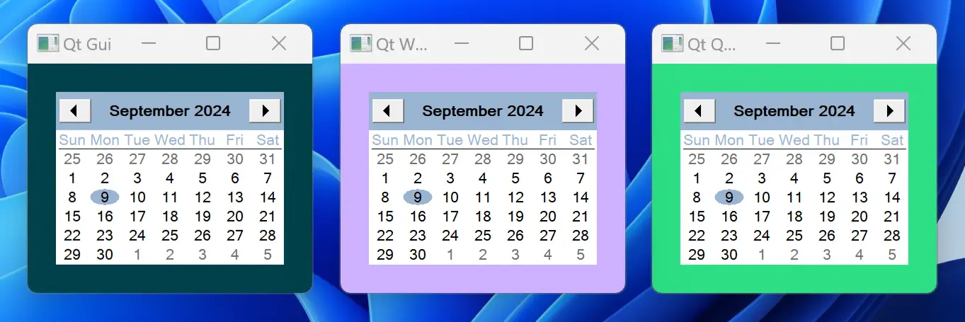 Qt GUI, Qt Widgets, and Qt Quick windows hosting a Windows calendar