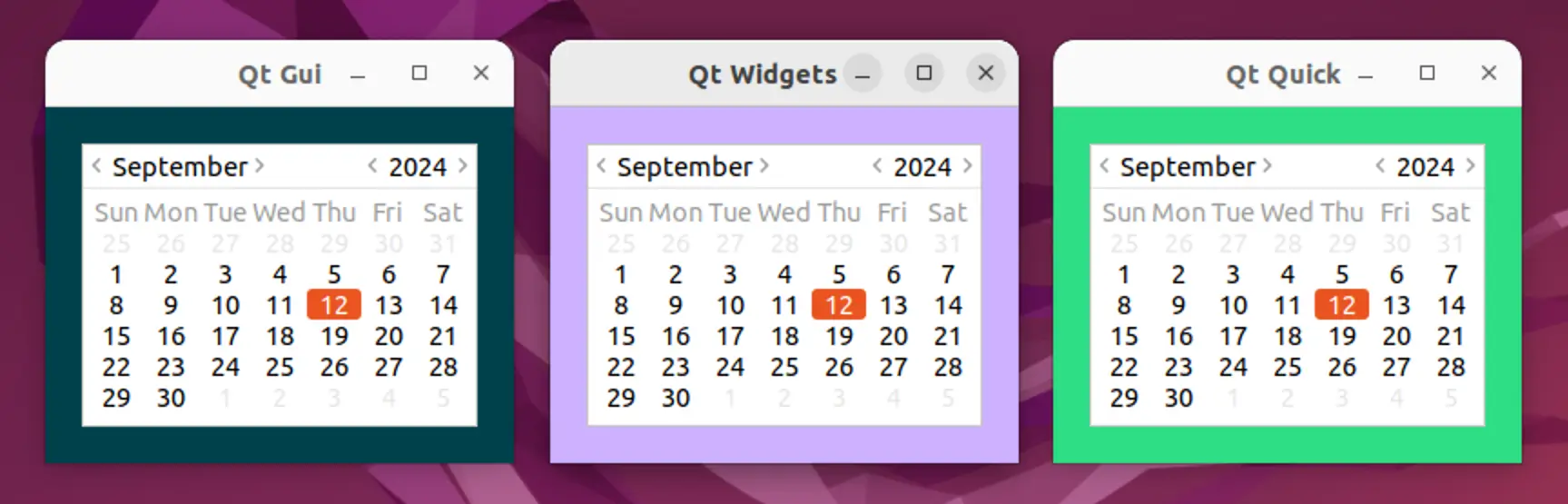 Qt GUI, Qt Widgets, and Qt Quick windows hosting a GTK calendar