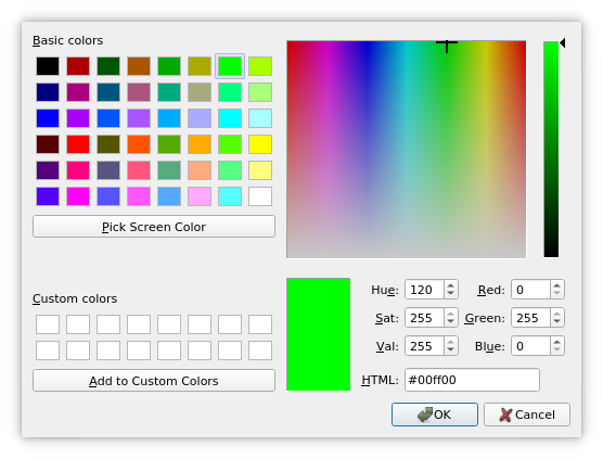 A color dialog in the Fusion widget style.