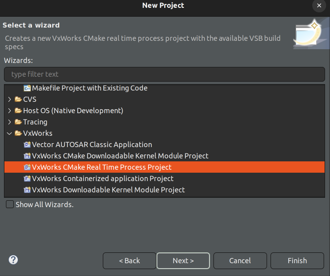 "Select cmake RTP project"