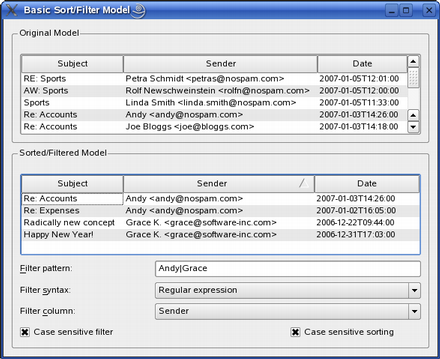 Screenshot of the Basic Sort/Filter Model Example