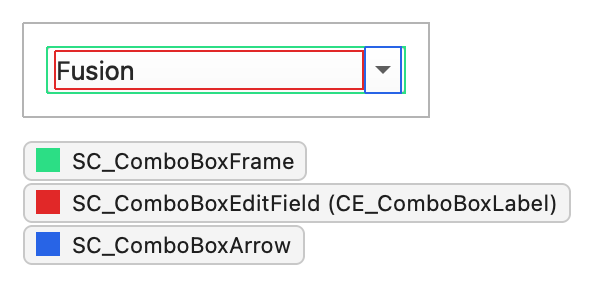 Combo box with the frame, edit field, and arrow subcontrols outlined