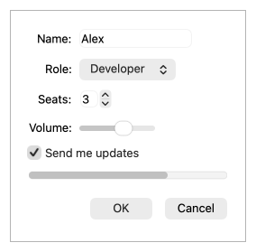 Form with text field, combo box, spin box, slider, checkbox, progress bar, and buttons in the macOS style