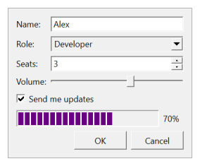 Form with text field, combo box, spin box, slider, checkbox, progress bar, and buttons in the Windows style