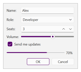 Form with text field, combo box, spin box, slider, checkbox, progress bar, and buttons in the Windows 11 style