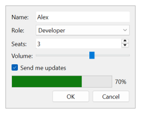 Form with text field, combo box, spin box, slider, checkbox, progress bar, and buttons in the Windows Vista style