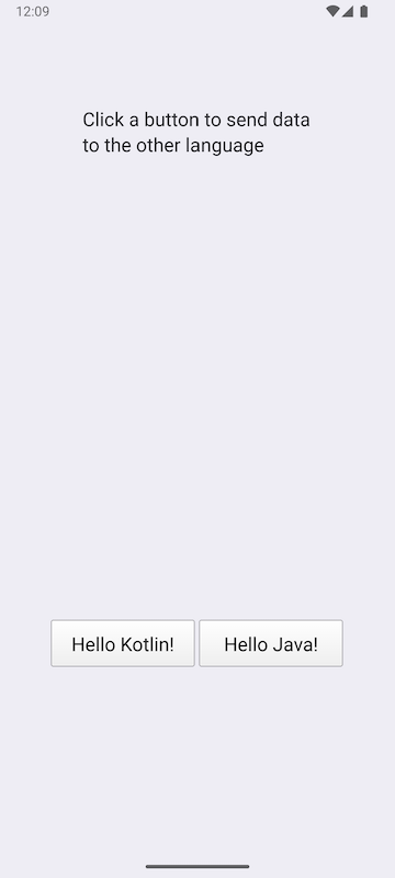 Android app showing a prompt and two buttons labeled "Hello Kotlin!" and "Hello Java!"