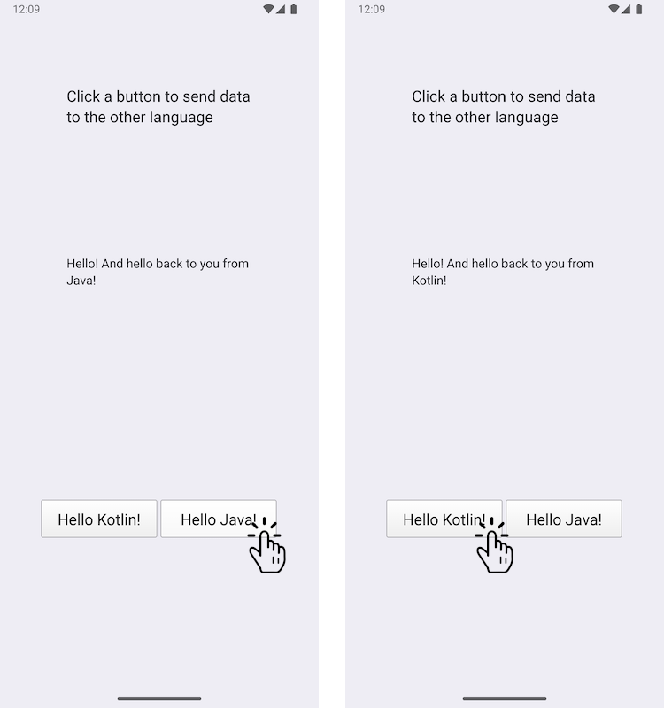 Two side-by-side screenshots showing the app response to the Hello Kotlin and Hello Java buttons
