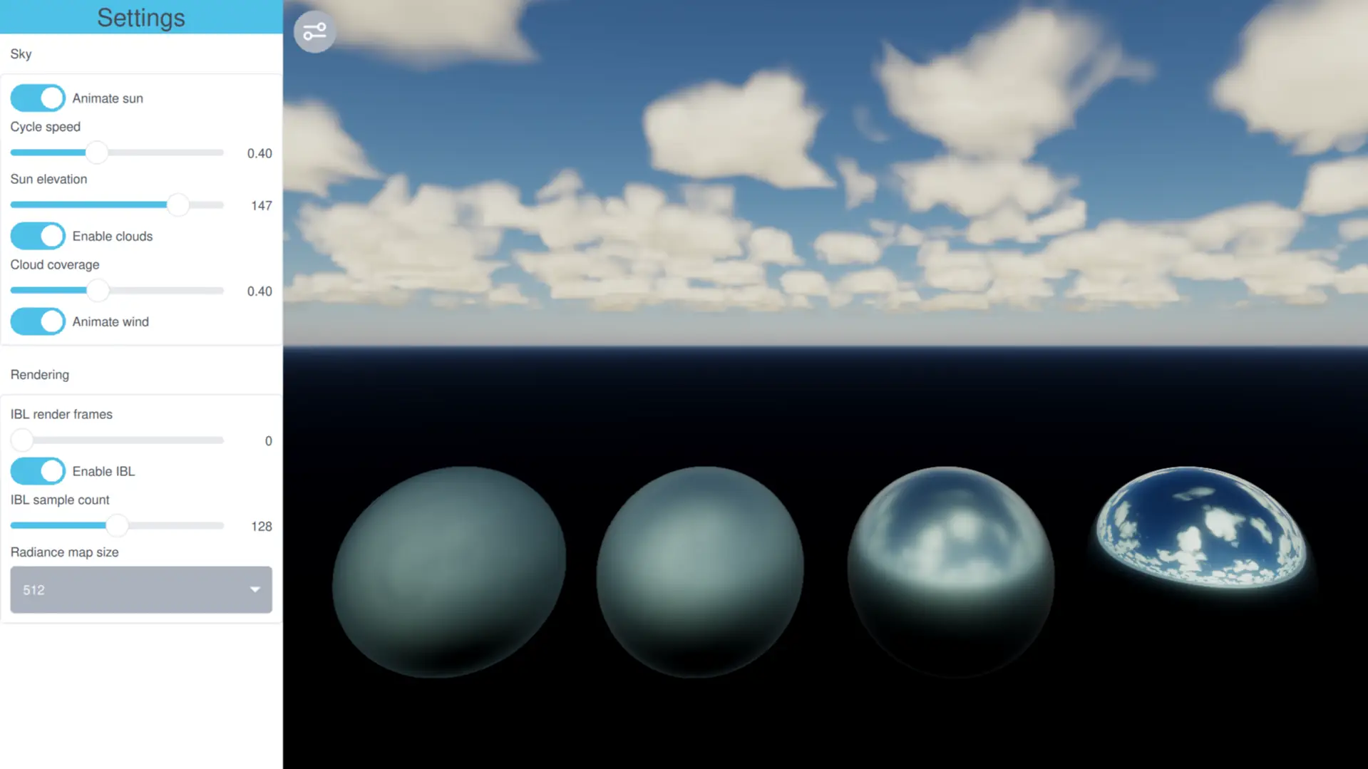 Procedural atmospheric sky with PBR spheres reflecting the environment