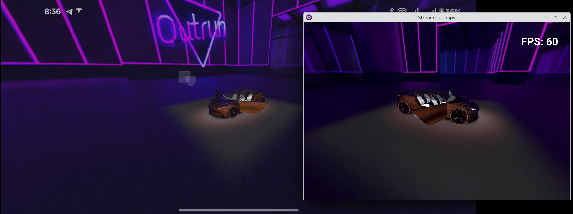 A 3D scene on an Android surface and a video stream from another angle