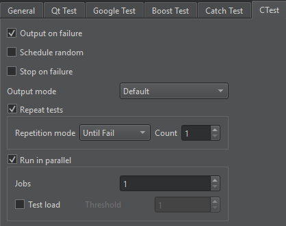 {CTest tab in Testing preferences}