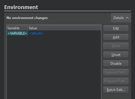 {Environment tab in Project Settings}