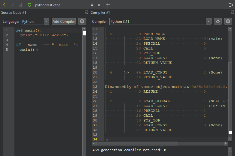 {Python code in the compiler explorer}