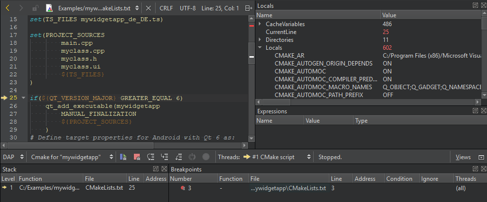 {DAP CMake Preset view in the Debug mode}