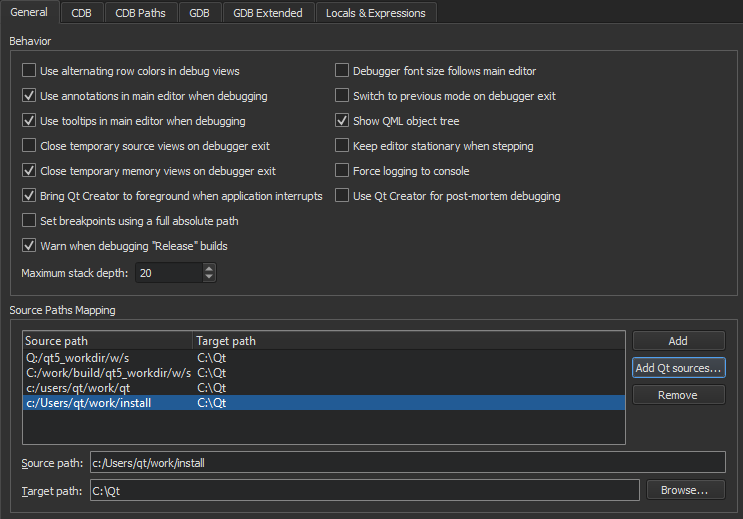 {General tab in Debugger preferences}