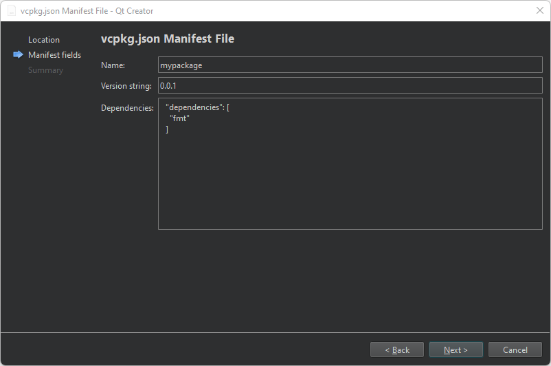 {vcpkg.json Manifest File dialog}