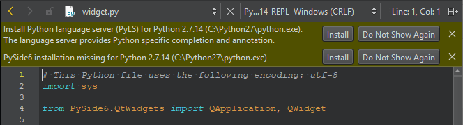 {Prompts to install PySide6 and Python language server}
