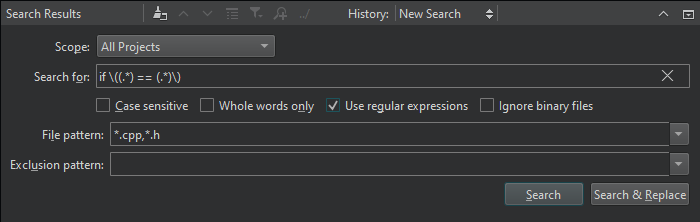 {Regular expression in Search Results view}