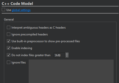 {C++ Code Model settings}