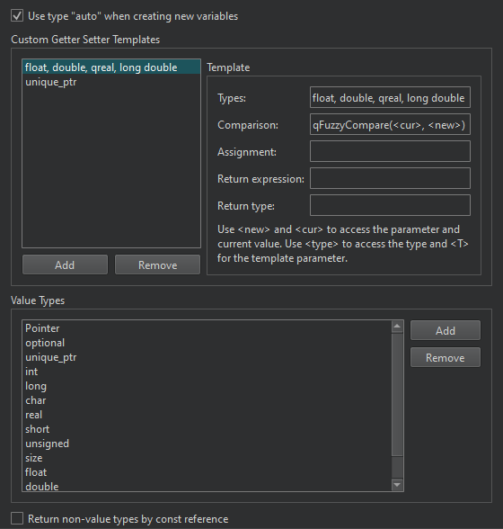 {Settings for handling custom parameter types}