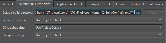 Default Build Properties tab in Build & Run preferences