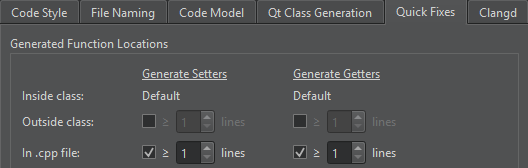 Generated Function Locations in the Quick Fixes tab in C++ preferences