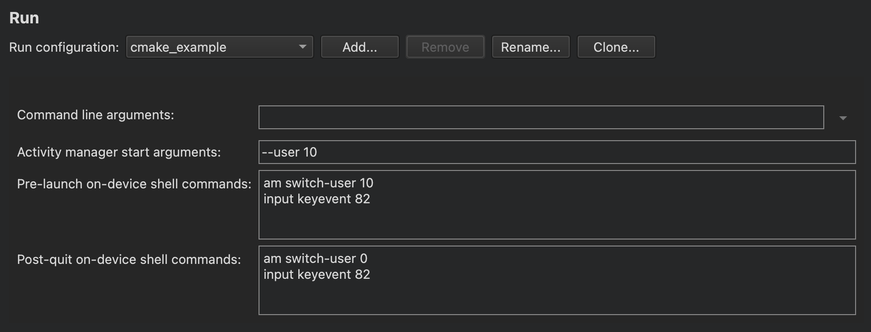 Run Settings for an Android device