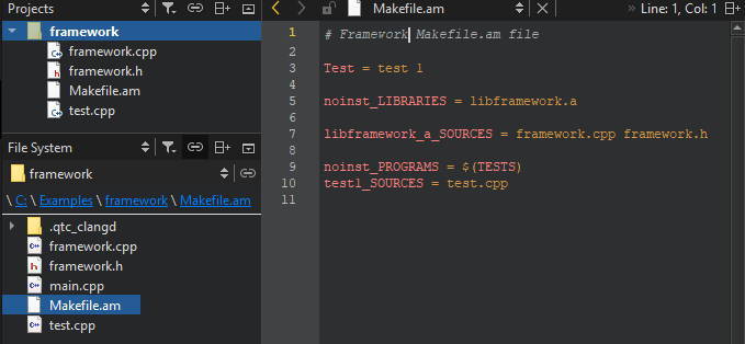 An autotools project open in the Projects and File System sidebar views and in the editor